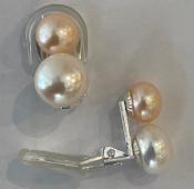 CLIPS ARGENT DOUBLES BI PERLES EAU DOUCE BOUTONS 08mmROSE&10mmBLANC 