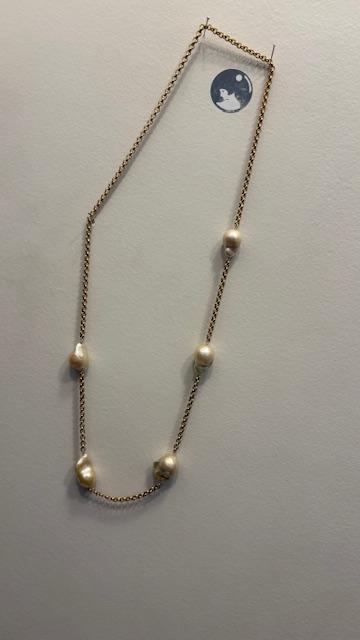 COLLIER CHAINE ARGENT DORE 65cm 5 PERLES KESHIS