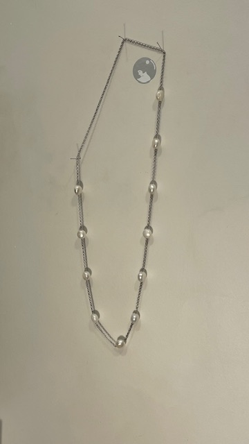 COLLIER 70cm CHAINE ARGENT +11 PERLES EAU DOUCE forme PASTILLES rondes