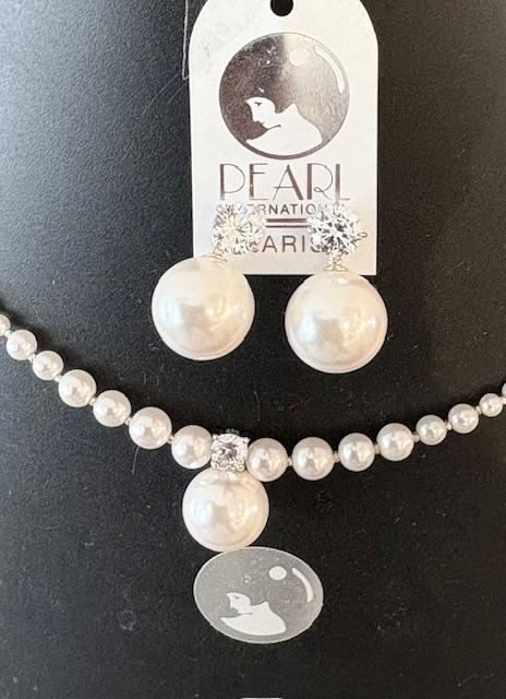 PARURE COLLIER 45cm + PENDENTIF et PUCES ARGENT ZIRCON 06mm  et BOULES PERLES  12