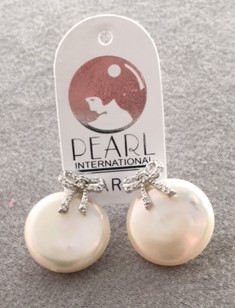 PARURE CN19 COLLIER MINI+BOUCLES PERLES EAU DOUCE+NOEUD STRASS  
