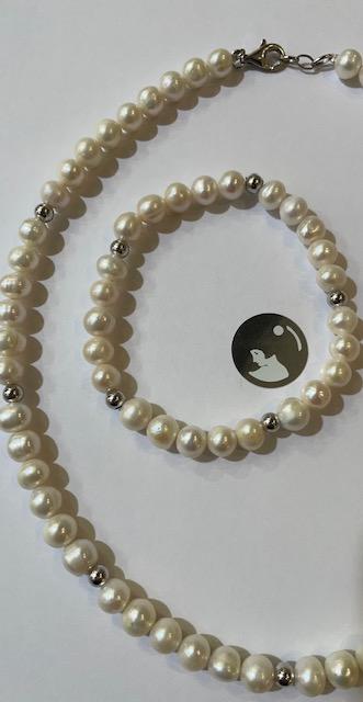  PARURE COLLIER et BRACELET PERLES EAU DOUCE 08mm + BOULES ARGENT 925%°