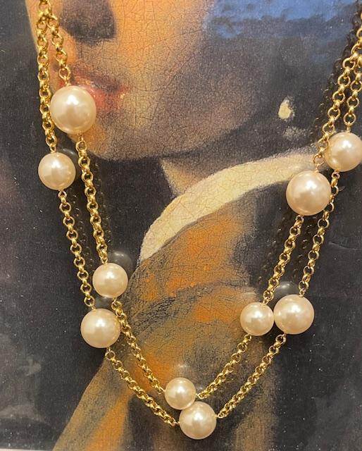 COLLIER 2 RANGS CHAINE ARGENT DORE + PERLES de BOHEME qualité STH 10&12mm