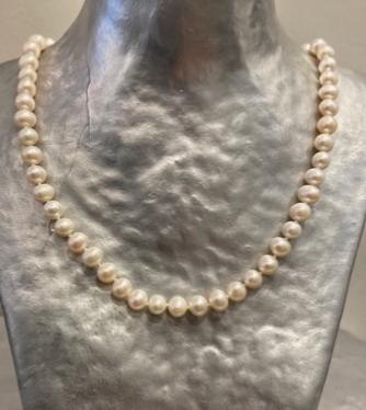 COLLIER 40cm PERLES EAU DOUCE 6/6,5mm avec des noeuds Fermoir ARGENT DORE