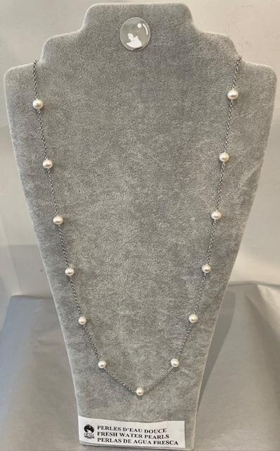 COLLIER 65cm CHAINE ARGENT+ 17 PERLES NATURELLES d'EAU DOUCE 06/07mm FERMOIR MOUSQUETON