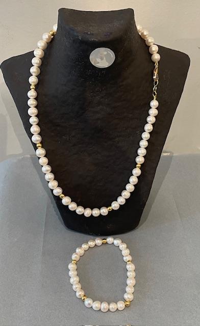 PARURE COLLIER et BRACELET PERLES EAU DOUCE 08mm + BOULES ARGENT DORE