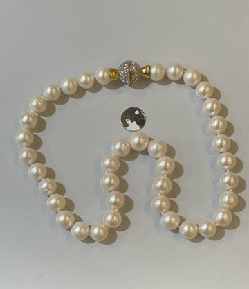 COLLIER 48cm PERLES EAU DOUCE 10/14mm Avec noeuds FERMOIR MAGNETIQUE STRASS ARGENT DORE