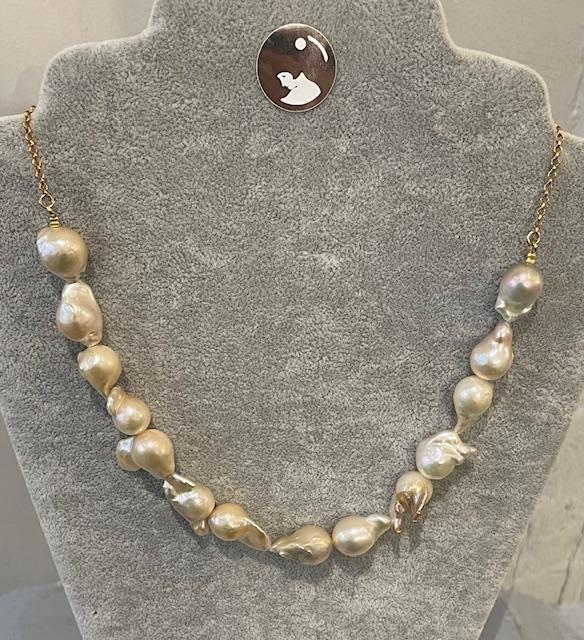COLLIER 45cm 14 SUPERBES PERLES KESHIS CHAINE ARGENT DORE