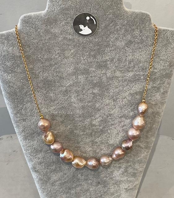 COLLIER 48cm CHAINE ARGENT DORE+12 PERLES / POIRES BAROQUES d'EAU DOUCE " KESHIS " MULTI COLOR