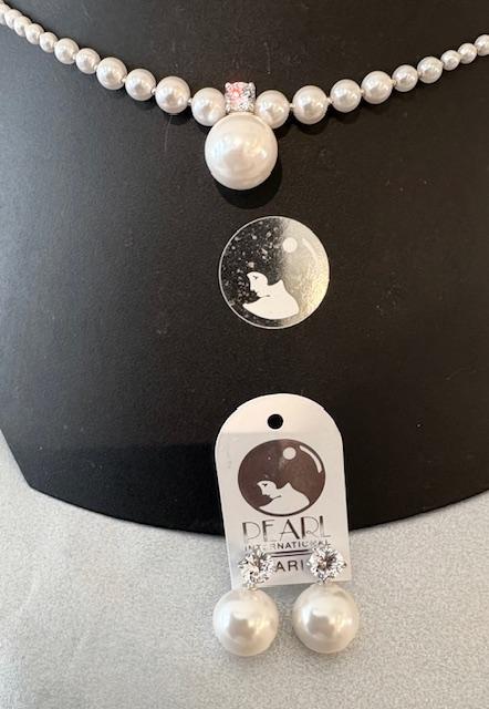 PARURE COLLIER 45cm + PENDENTIF et PUCES ARGENT ZIRCON 06mm  et BOULES PERLES  12