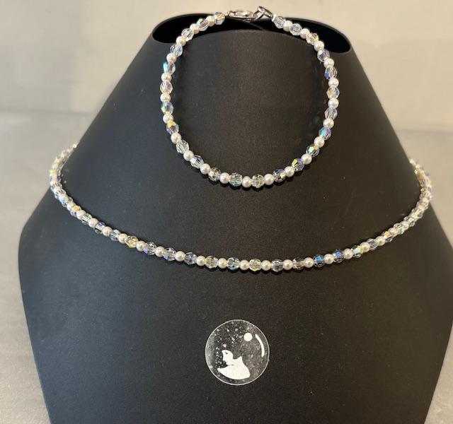 COLLIER 45cm PERLES UREA 03mm et CRISTAL 04mm Fermoir Argent