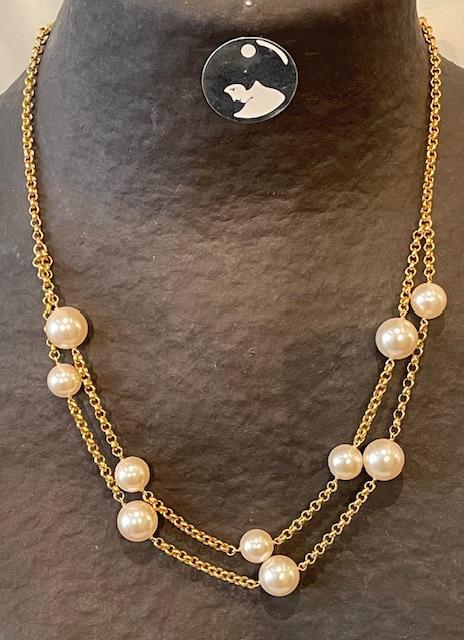 COLLIER 2 RANGS CHAINE ARGENT DORE + PERLES de BOHEME qualité STH 10&12mm