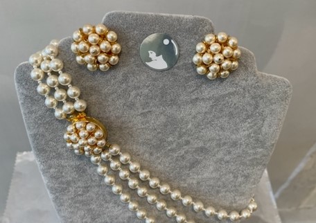 PARURE COLLIER 3 RANGS et CLIPS VINTAGE 906 PERLES BOHEME STH CREME 08mm 