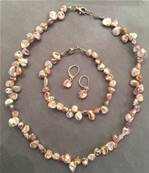 PARURE COLLIER, BRACELET et BOUCLES d'OREILLES en PERLES d' EAU DOUCE KESHIS MULTI ROSE