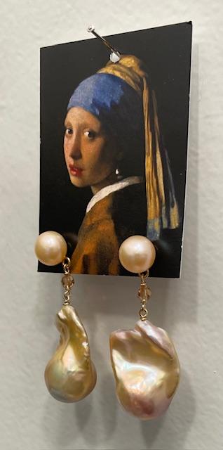 PUCES ARGENT DORE BOUTONS 07mm+CHAINE+CRISTAL+ POIRES BAROQUES 12x17mm PERLES EAU DOUCE KESHIS ROSE MORDORE