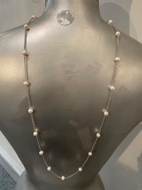 COLLIER 80cm CHAINE ARGENT+ 17 PERLES d'EAU DOUCE 