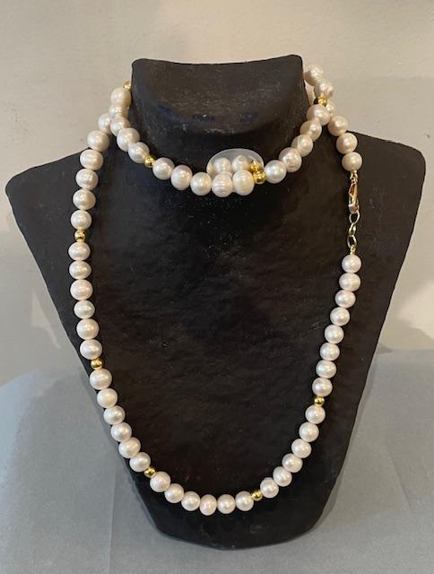 PARURE COLLIER et BRACELET PERLES EAU DOUCE 08mm + BOULES ARGENT DORE