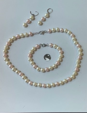 PARURE 10.08 COLLIER+BRACELET PERLES STH 08mm 2 CREME+1 ROSE FERMOIRS ARGENT 