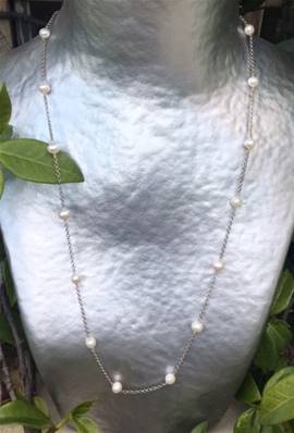 COLLIER CHAINE ARGENT SAN65cm +17 PERLES EAU DOUCE 