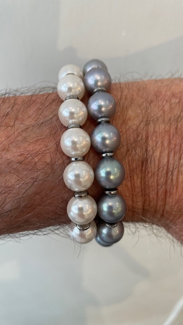 2  BRACELETS ELASTIQUES 16 PERLES de BOHEME 10mm BLANC et GRIS avec RONDELLES ACIER 
