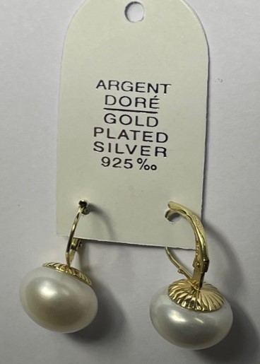 DORMEUSES CATALANES ARGENT DORE BOUTONS 12mm PERLES EAU DOUCE BLANC