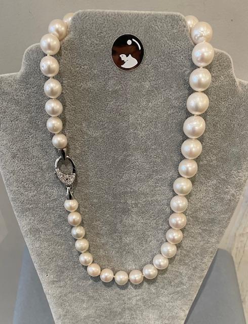 COLLIER 50cm en CHUTE PERLES EAU DOUCE 10-14mm FERMOIR MOUSQUETON ARGENT STRASS 