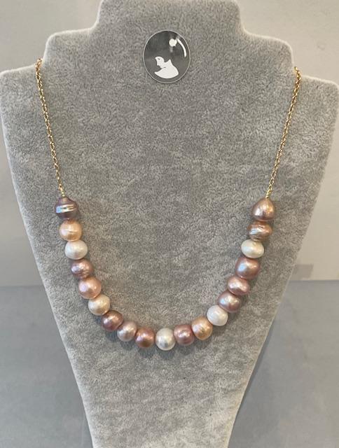 COLLIER 43cm CHAINE ARGENT DORE 19 PERLES / BOULES BAROQUES 11-12mm MULTI COLOR