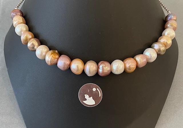 COLLIER 45cm  CHAINE ARGENT 20 PERLES / BOULES BAROQUES 11/12mm KESHIS MULTI ROSE   