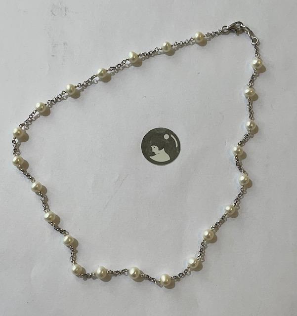 COLLIER 42cm CHAINE ARGENT+23 PERLES NATURELLES d'EAU DOUCE 08/09mm FERMOIR MOUSQUETON
