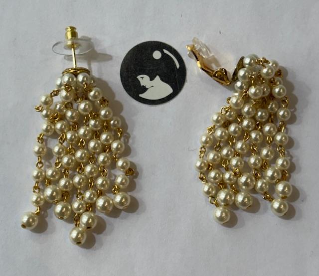 CLIPS PLAQUE OR CASCADES de 7 PAMPILLES de PERLES de BOHEME de 04mm BLANC CREME