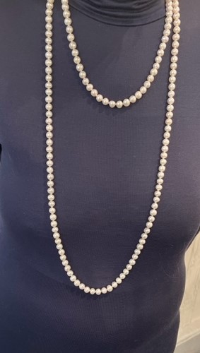 COLLIER 160cm SAUTOIR PERLES EAU DOUCE 07/08mm avec NOEUDS FERMOIR CLIQUET ARGENT RHODIE925°% et STRASS