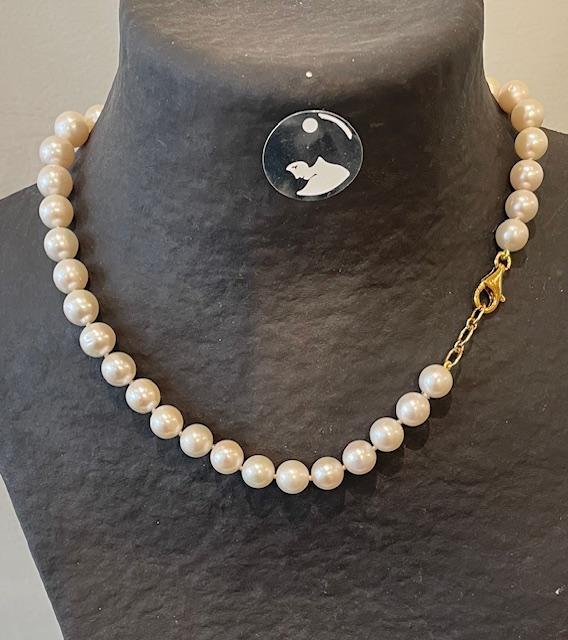 COLLIER 55cm MIXTE H.F PERLES EAU DOUCE  09/10mm avec NOEUDS FERMOIR ARGENT DORE