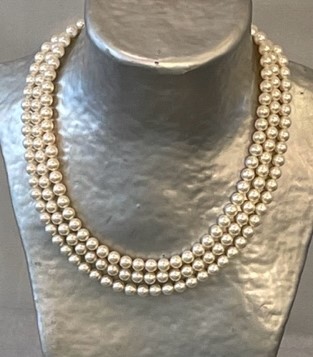 COLLIER 3 RANGS 45.49.52cm PERLES de BOHEME de qualité STH CREME 08mm FERMOIR MOUSQUETON A