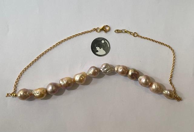 COLLIER 48cm CHAINE ARGENT DORE+12 PERLES / POIRES BAROQUES d'EAU DOUCE " KESHIS " MULTI COLOR