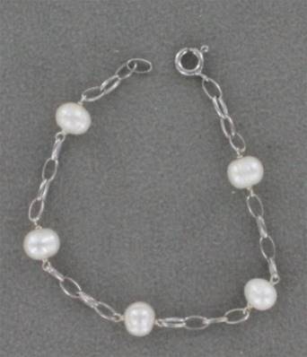 BRACELET GOURMETTE MAILLE ARGENT RHODIE 925°/°° + 5 PERLES EAU DOUCE