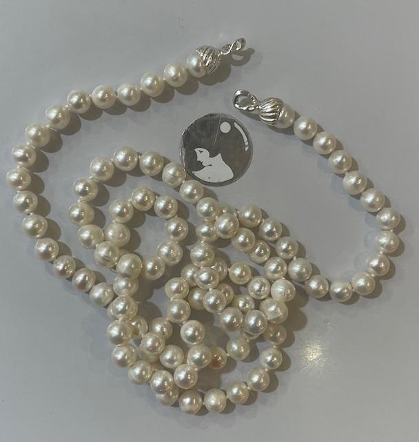 COLLIER 90cm SAUTOIR PERLES EAU DOUCE 08mm NDS FERMOIR TOI et MOI ARGENT RHODIE 925°%