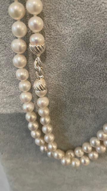 COLLIER 90cm SAUTOIR PERLES EAU DOUCE 08mm NDS FERMOIR TOI et MOI ARGENT RHODIE 925°%