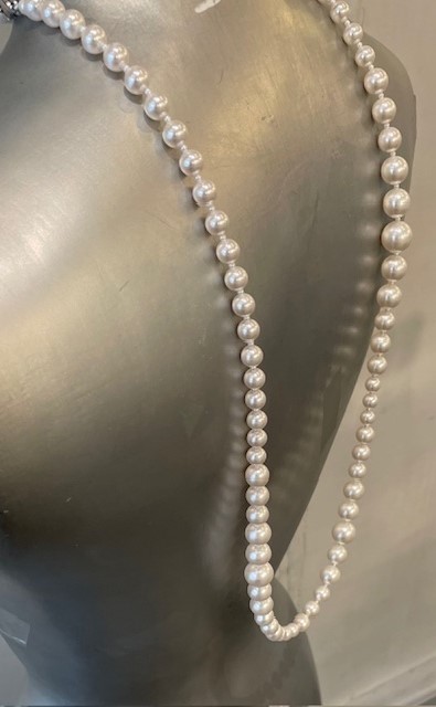 COLLIER SAUTOIR 90cm en PERLES de BOHEME BLANC CREME de qualité STH 3 CHUTES 14mm. Fermoir Argent.   