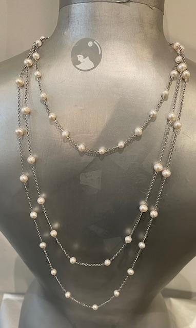 COLLIER 42cm CHAINE ARGENT+23 PERLES NATURELLES d'EAU DOUCE 08/09mm FERMOIR MOUSQUETON