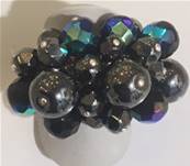 BAGUE ARGENT RESILLE PERLES BOHEME HEMATITE+JAIS SCARABE