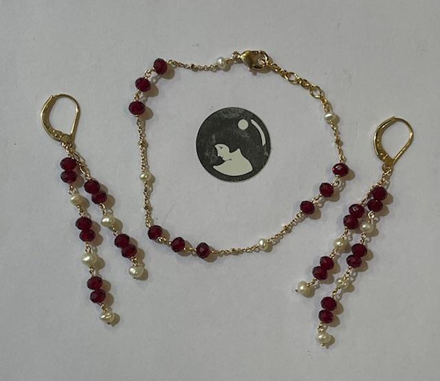 BRACELET CHAINE PLAQUE OR 18cm + PERLES d'EAU DOUCE et GRENATS