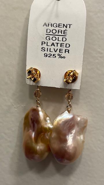 PUCES ARGENT DORE BOUTONS 07mm+CHAINE+CRISTAL+ POIRES BAROQUES 12x17mm PERLES EAU DOUCE KESHIS ROSE MORDORE