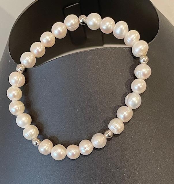 BRACELET ELASTIQUE 25 PERLES EAU DOUCE 07/08mm + 5 BOULES 05mm en ARGENT RHODIE 925°% 