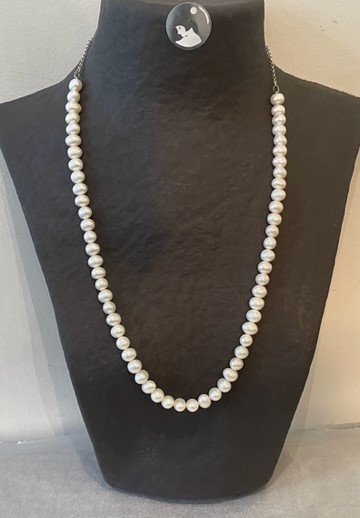 COLLIER 65cm PERLES EAU DOUCE 08mm 42cm+CHAINE ARGENT 23cm SANS FERMOIR