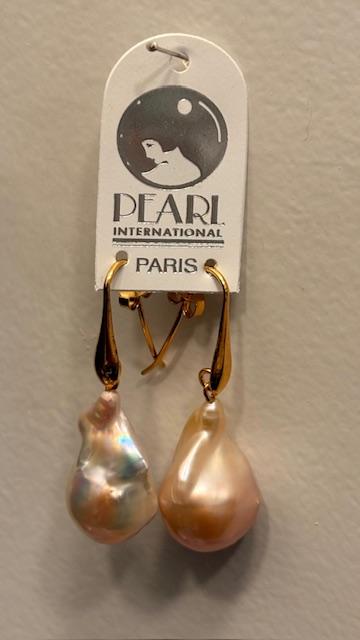 DORMEUSES CROCHETS à l'ITALIENNE en  ARGENT DORE + LARMES POIRES KESHIS PERLES EAU DOUCE ROSE MORDORE 15x22mm 
