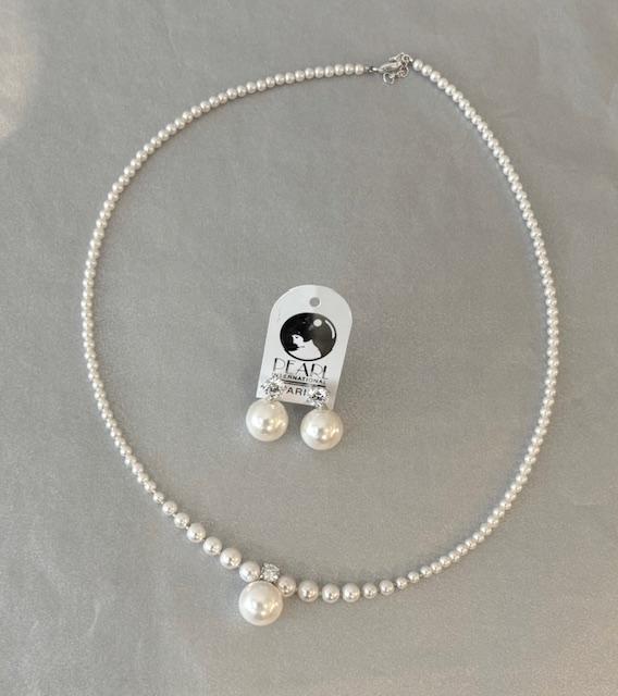 PARURE COLLIER 45cm + PENDENTIF et PUCES ARGENT ZIRCON 06mm  et BOULES PERLES  12