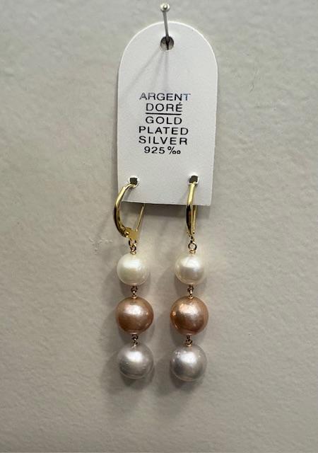 DORMEUSES TOKYO ARGENT DORE + 3 PERLES NATURELLES EAU DOUCE 10mm TRICOLOR