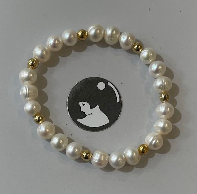 BRACELET ELASTIQUE 21 PERLES EAU DOUCE 08mm + 7 BOULES ARGENT DORE