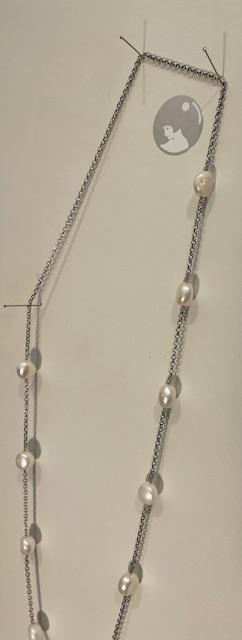 COLLIER 70cm CHAINE ARGENT +11 PERLES EAU DOUCE forme PASTILLES rondes