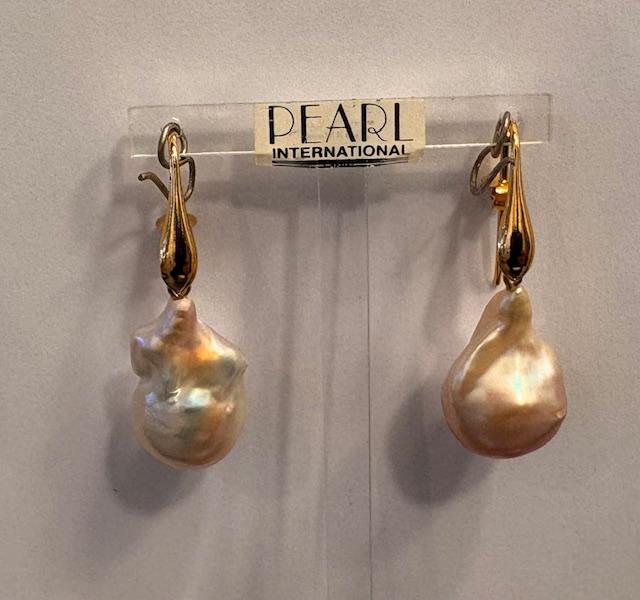 DORMEUSES CROCHETS � l'ITALIENNE en  ARGENT DORE + LARMES POIRES KESHIS PERLES EAU DOUCE ROSE MORDORE 15x22mm 